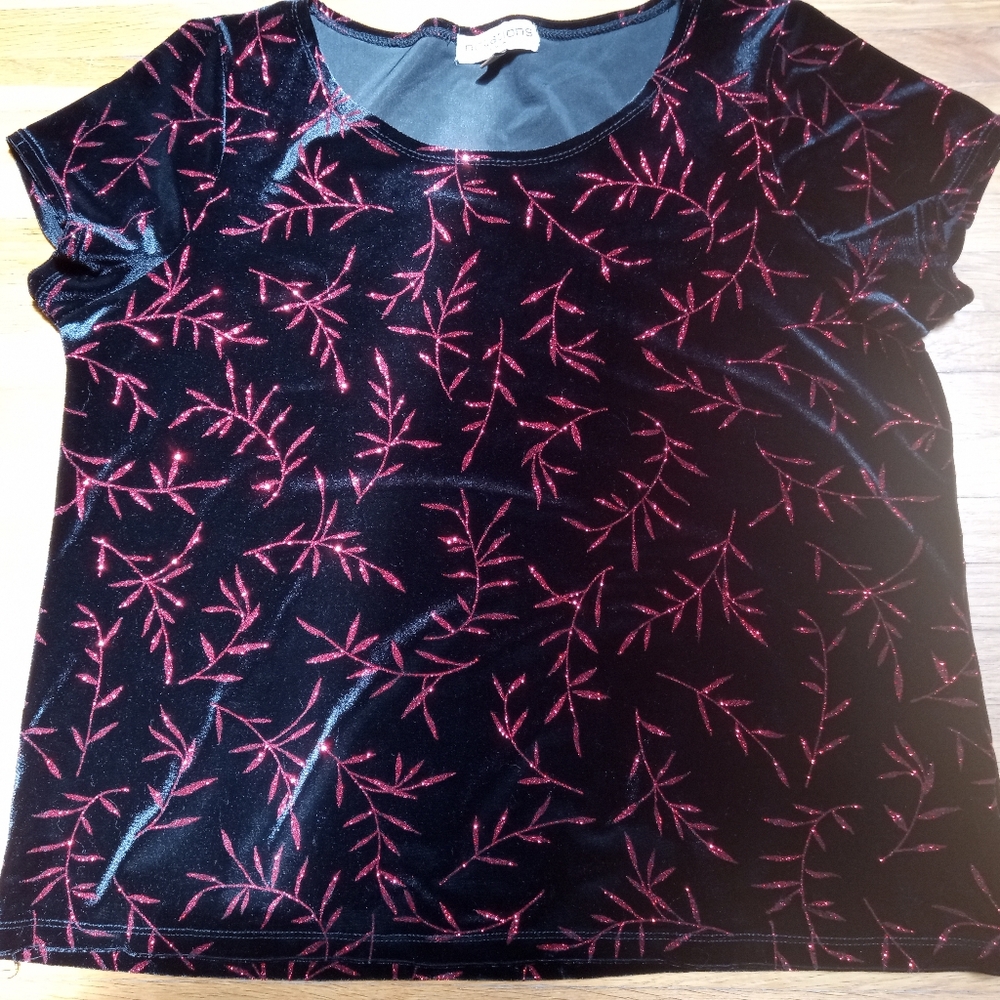 Notations Black Velvet Top with Red Leaf Design